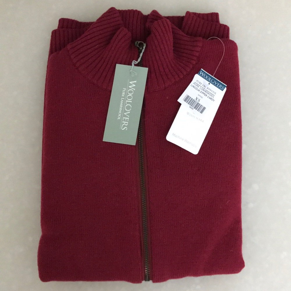 Woolovers maroon zip cardigan sweater, 100% wool. Brand new.